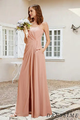 Dressime A Line Spaghetti Straps Chiffon Long Bridesmaid Dress With Pockets dressime