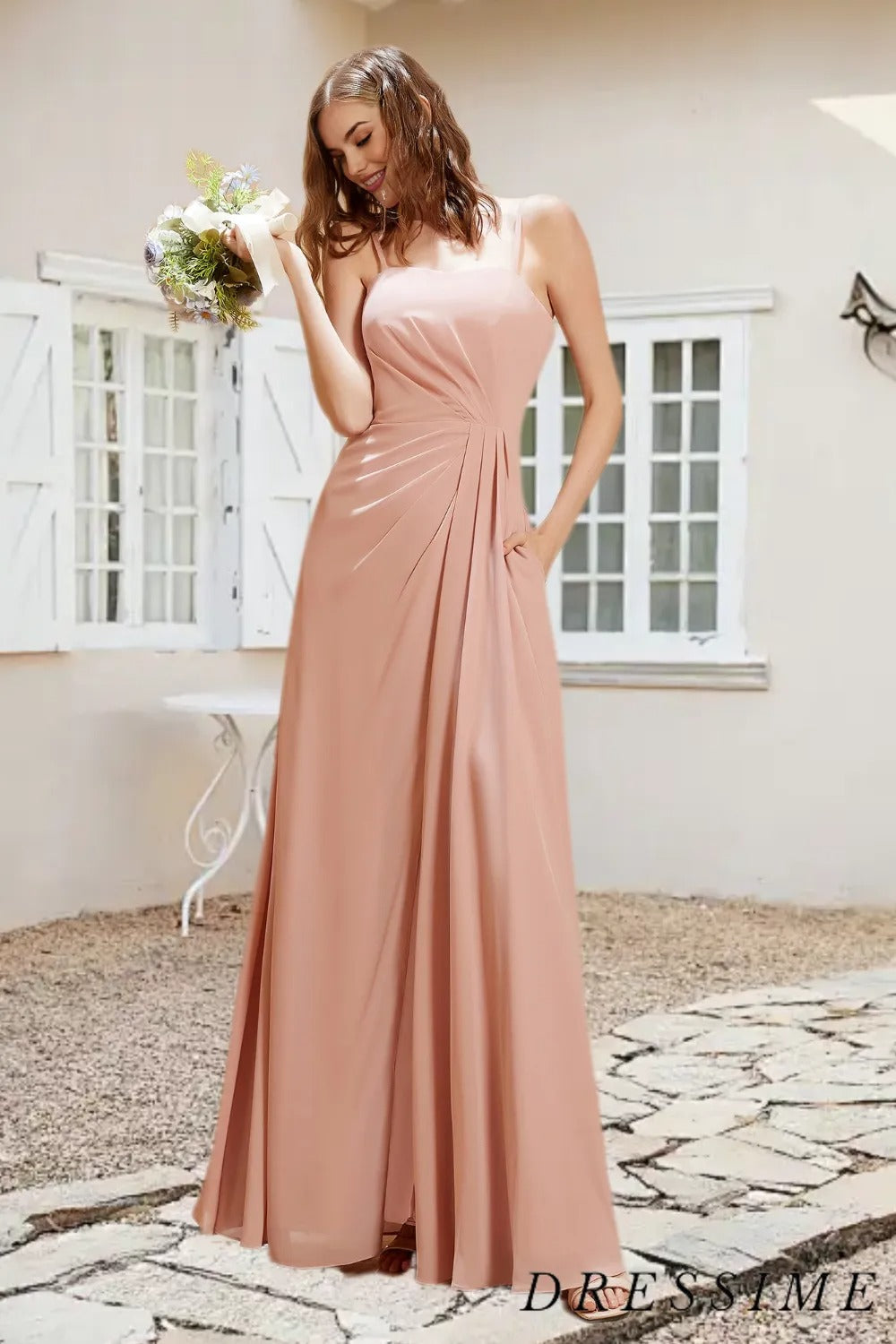 Dressime A Line Spaghetti Straps Chiffon Long Bridesmaid Dress With Pockets dressime