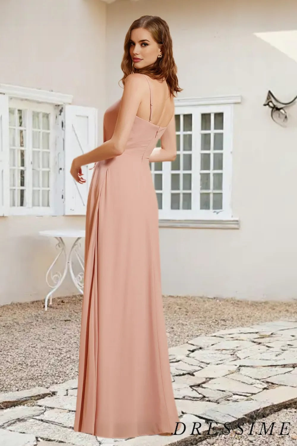 Dressime A Line Spaghetti Straps Chiffon Long Bridesmaid Dress With Pockets dressime