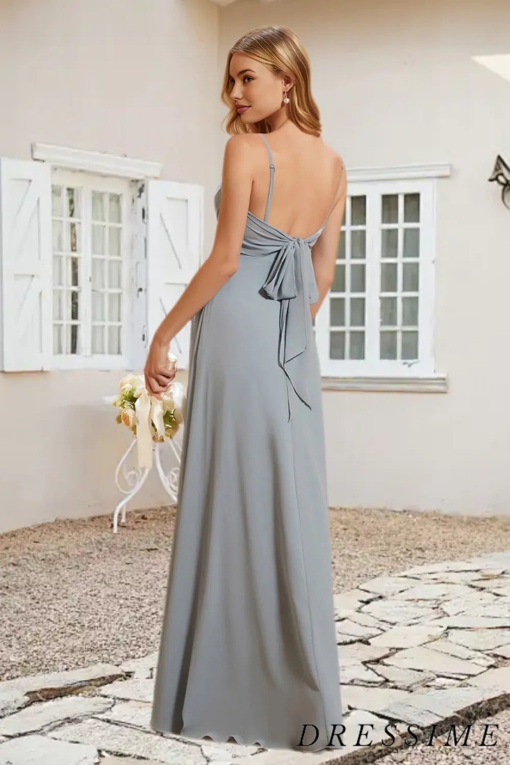 Dressime A Line Spaghetti Straps Chiffon Pleated Long Bridesmaid Dress With Slit dressime