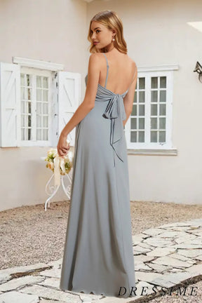 Dressime A Line Spaghetti Straps Chiffon Pleated Long Bridesmaid Dress With Slit dressime