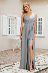 Dressime A Line Spaghetti Straps Chiffon Pleated Long Bridesmaid Dress With Slit dressime