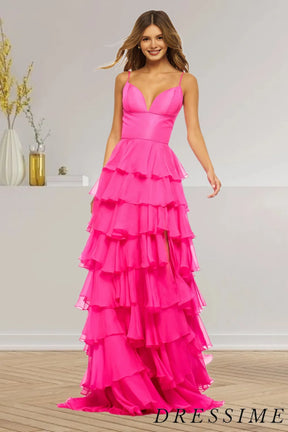 Dressime A Line Spaghetti Straps Chiffon Tiered Long Prom Dress dressime