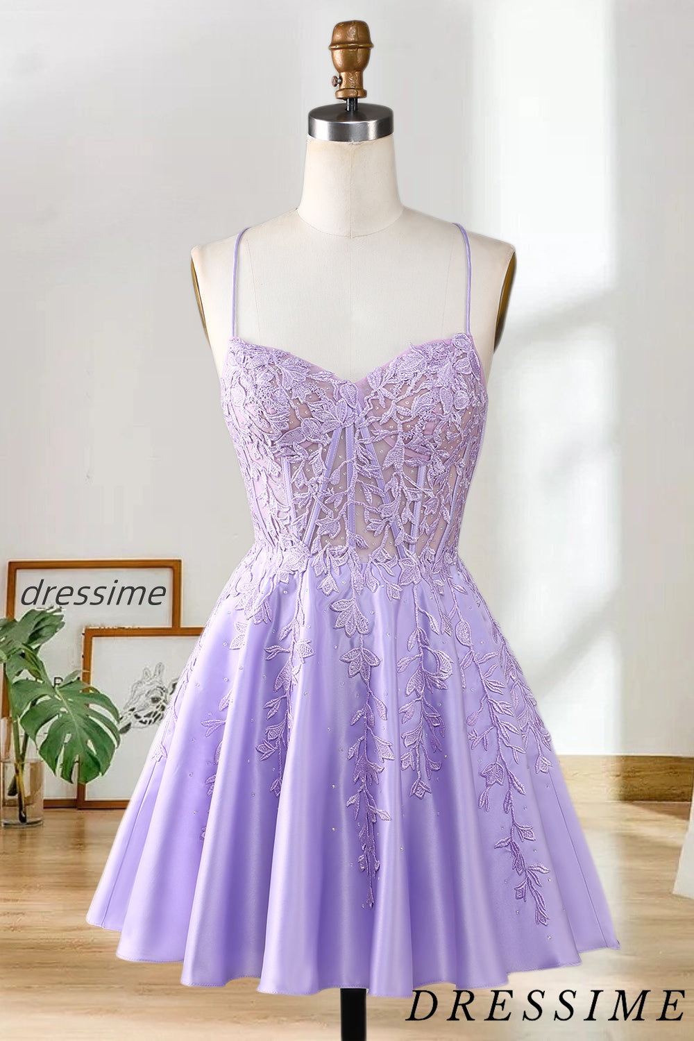 Dressime A Line Spaghetti Straps Corset Satin Homecoming Dress Appliques dressime