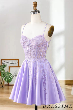 Dressime A Line Spaghetti Straps Corset Satin Homecoming Dress Appliques dressime