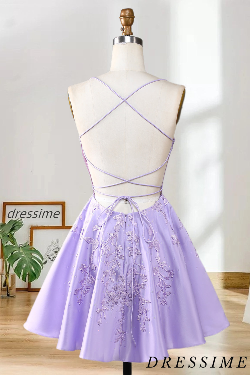 Dressime A Line Spaghetti Straps Corset Satin Homecoming Dress Appliques dressime