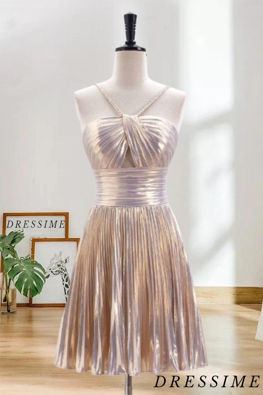 Dressime A Line Spaghetti Straps Keyhole Metallic Pleated Short/Mini Homecoming Dress dressime