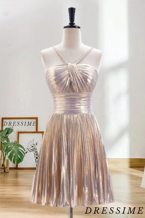 Dressime A Line Spaghetti Straps Keyhole Metallic Pleated Short/Mini Homecoming Dress dressime