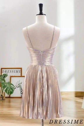 Dressime A Line Spaghetti Straps Keyhole Metallic Pleated Short/Mini Homecoming Dress dressime