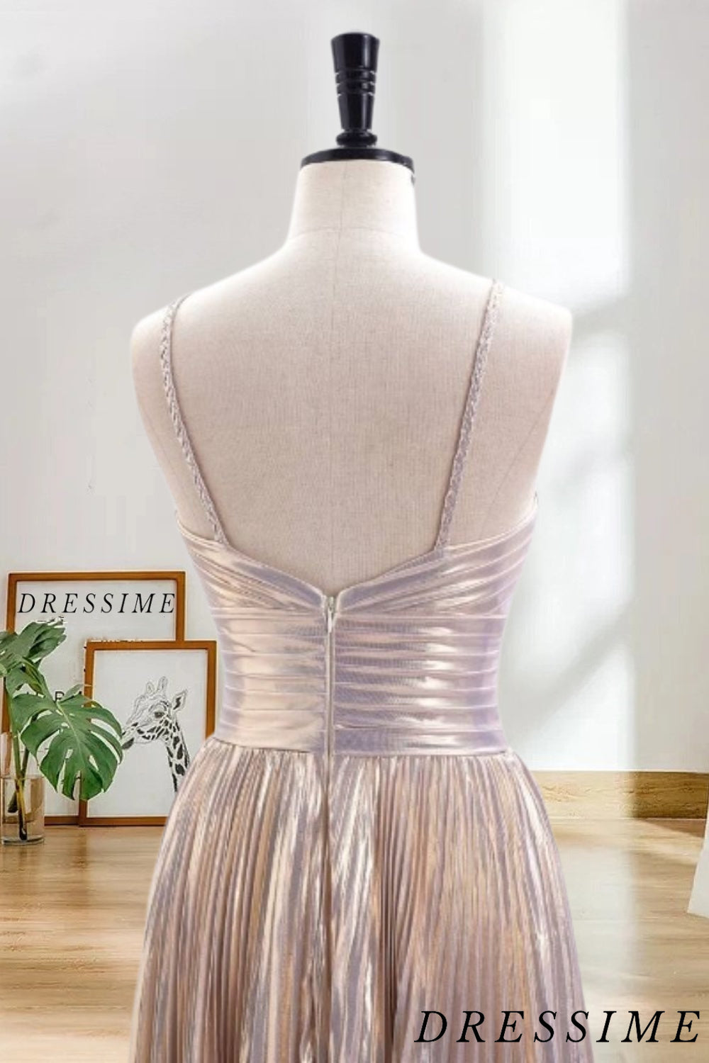 Dressime A Line Spaghetti Straps Keyhole Metallic Pleated Short/Mini Homecoming Dress dressime