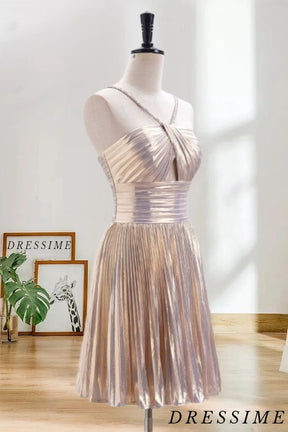 Dressime A Line Spaghetti Straps Keyhole Metallic Pleated Short/Mini Homecoming Dress dressime