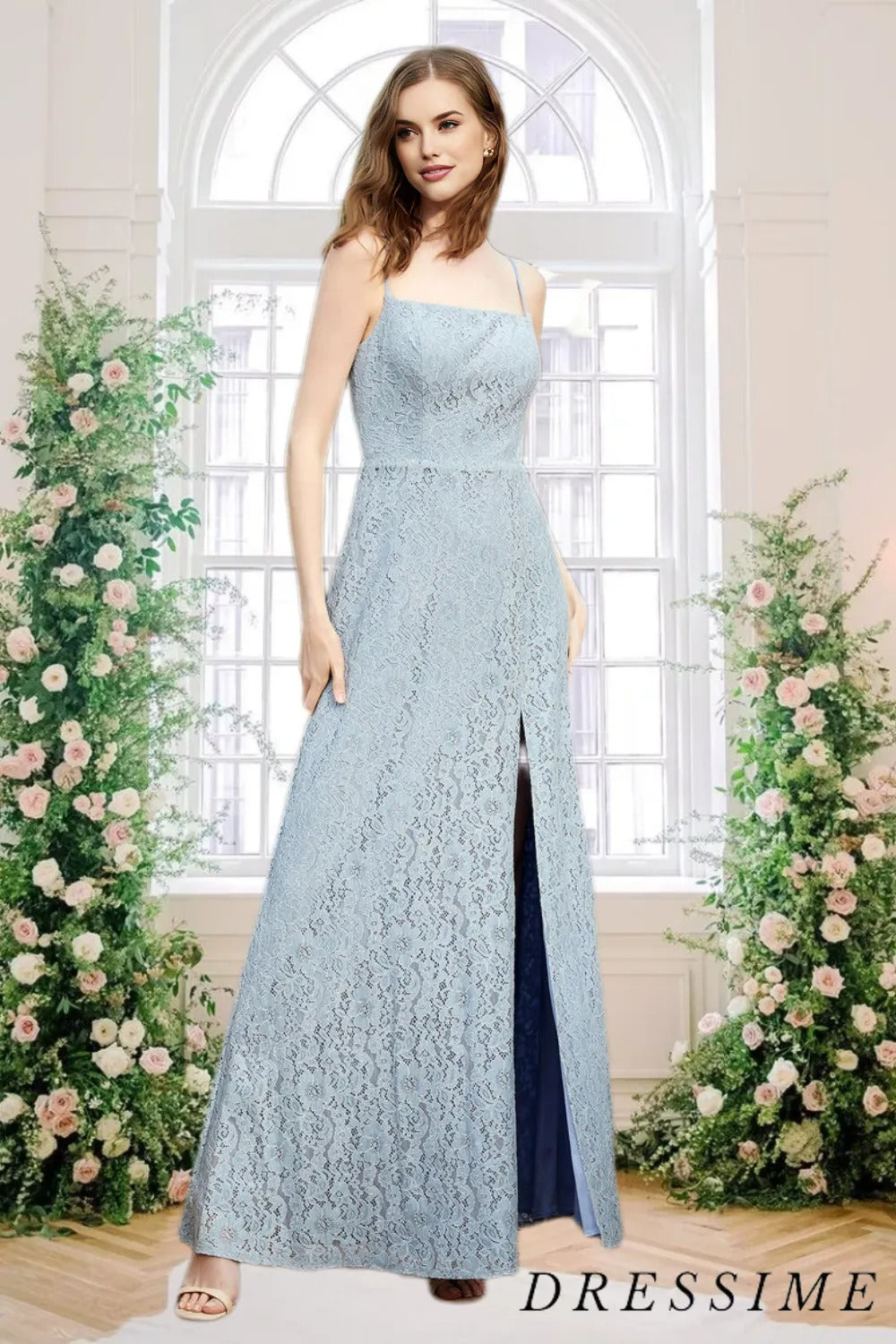 Dressime A Line Spaghetti Straps Lace Long Bridesmaid Dress With Slit dressime