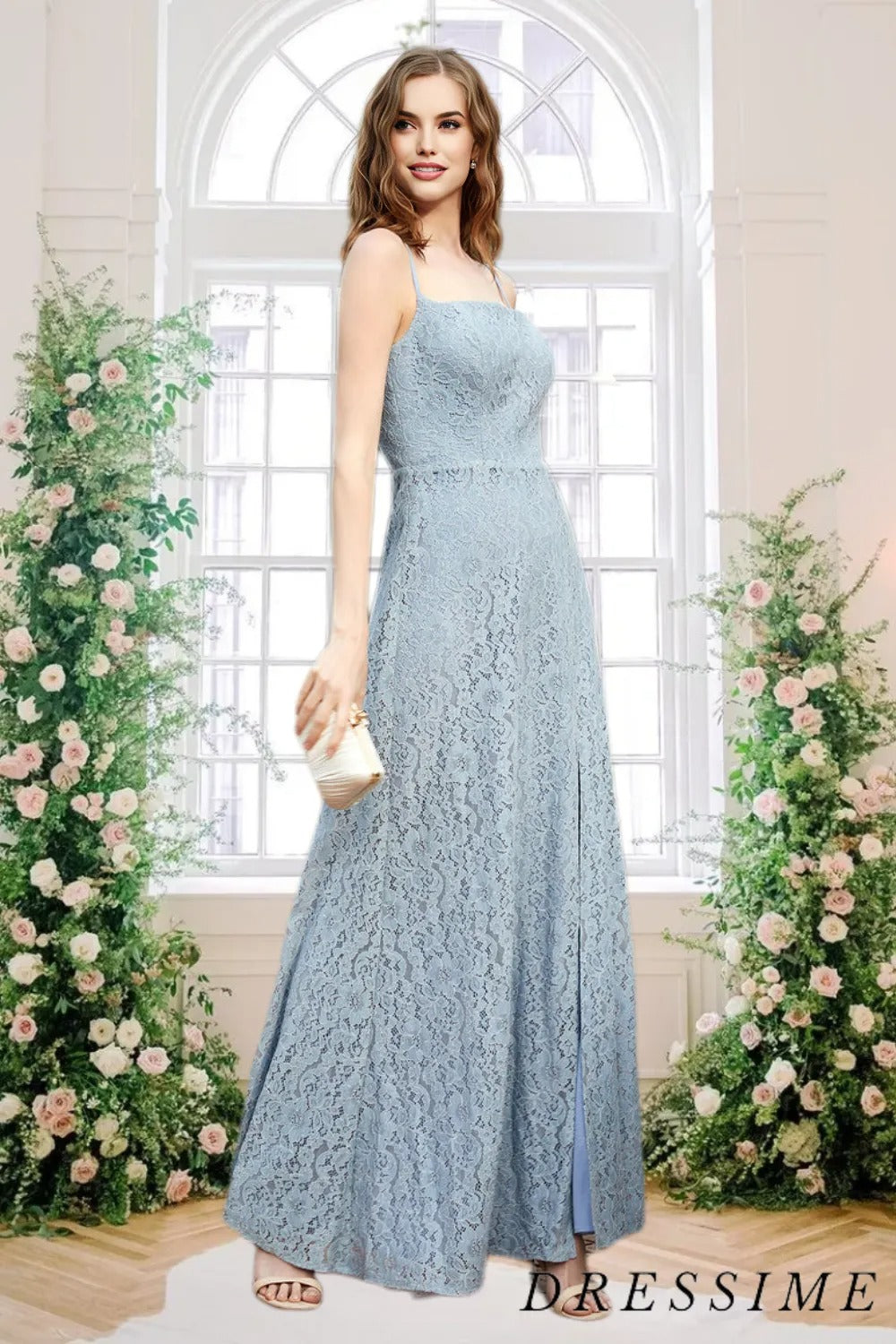 Dressime A Line Spaghetti Straps Lace Long Bridesmaid Dress With Slit dressime