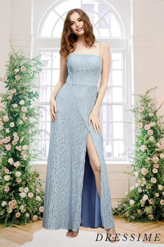 Dressime A Line Spaghetti Straps Lace Long Bridesmaid Dress With Slit dressime