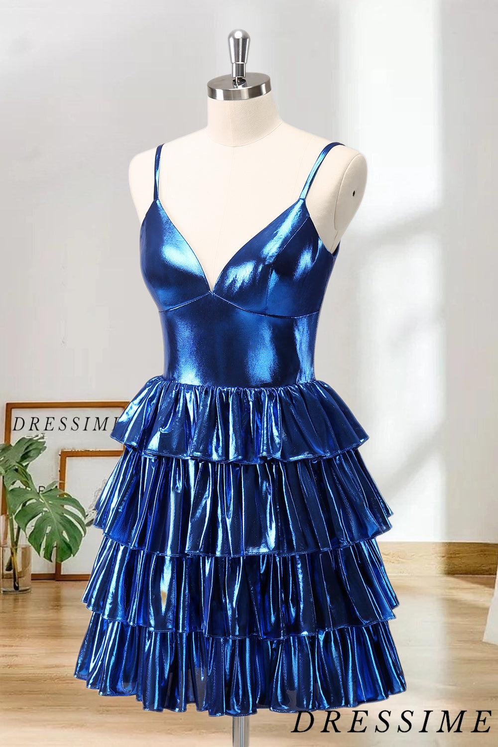 Dressime A Line Spaghetti Straps Metallic Pleated Tiered Short/Mini Homecoming Dress dressime