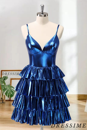 Dressime A Line Spaghetti Straps Metallic Pleated Tiered Short/Mini Homecoming Dress dressime