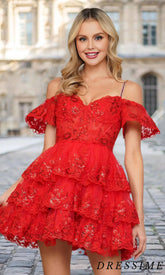 Dressime A Line Spaghetti Straps Puffy Sleeves Tulle Tiered Short/Mini Homecoming Dress With Sequin Appliques dressime