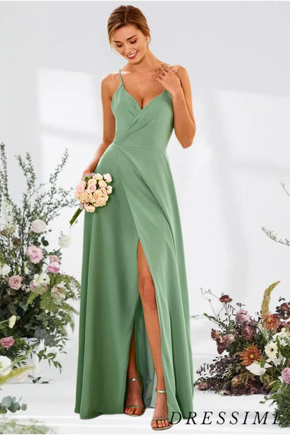 Dressime A Line Spaghetti Straps Satin Long Bridesmaid Dress With Slit dressime