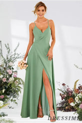 Dressime A Line Spaghetti Straps Satin Long Bridesmaid Dress With Slit dressime