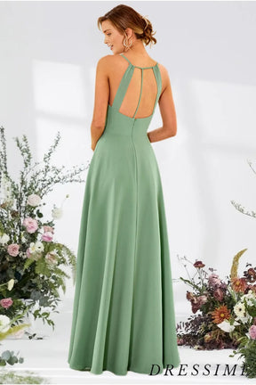 Dressime A Line Spaghetti Straps Satin Long Bridesmaid Dress With Slit dressime