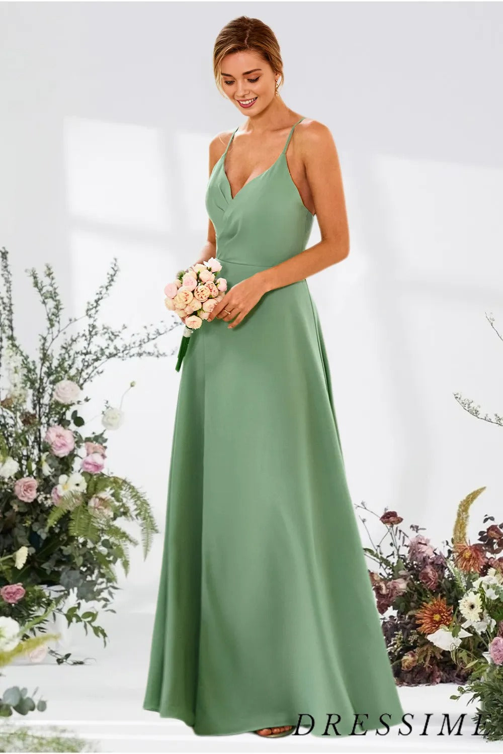 Dressime A Line Spaghetti Straps Satin Long Bridesmaid Dress With Slit dressime