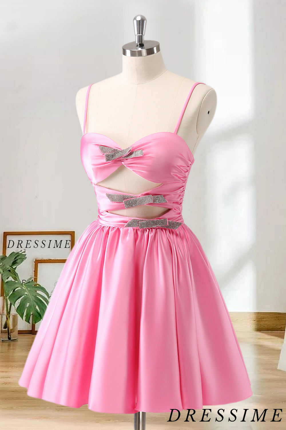 Dressime A-Line Spaghetti Straps Satin Pleated Homecoming Dress with Keyhole dressime