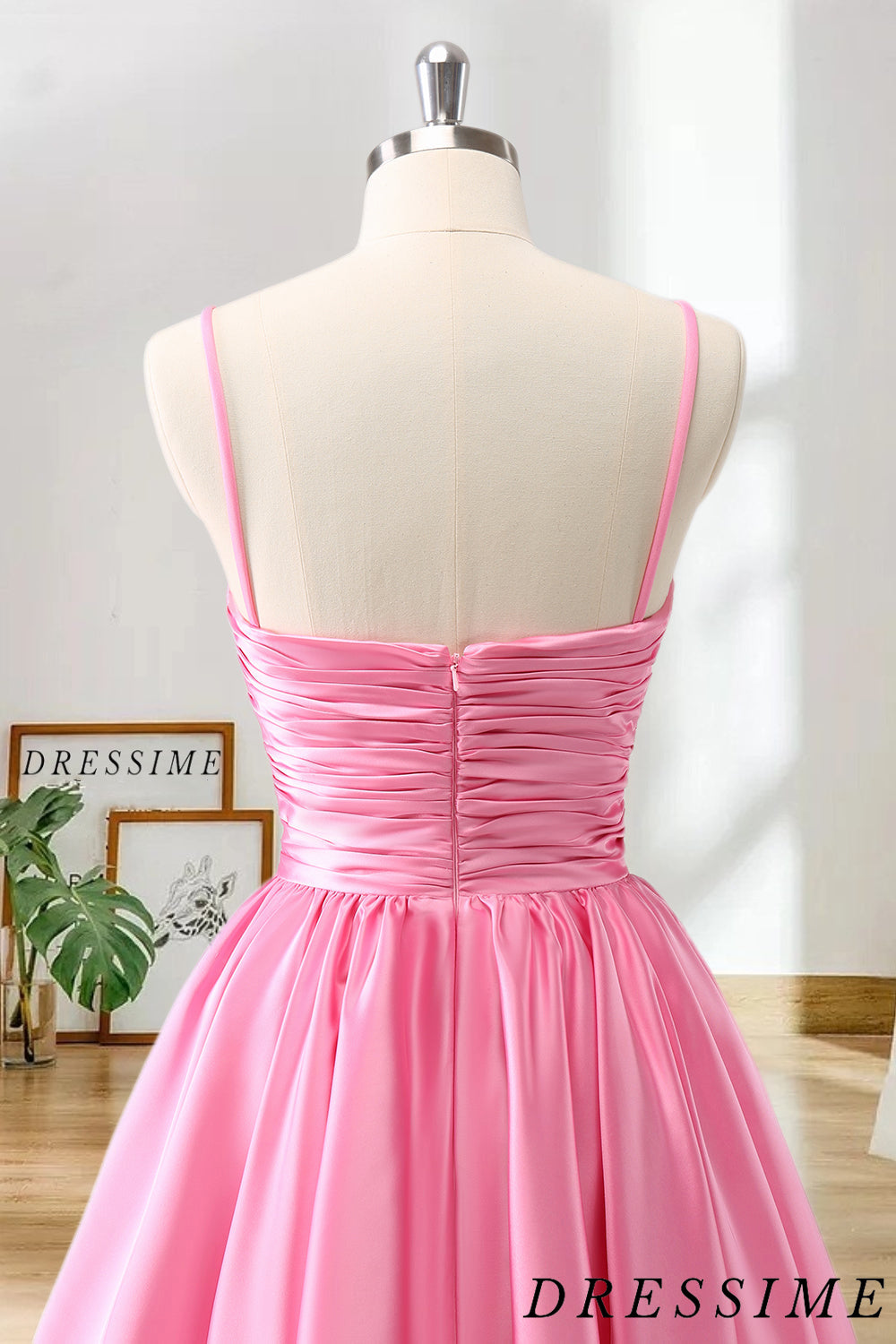 Dressime A-Line Spaghetti Straps Satin Pleated Homecoming Dress with Keyhole dressime