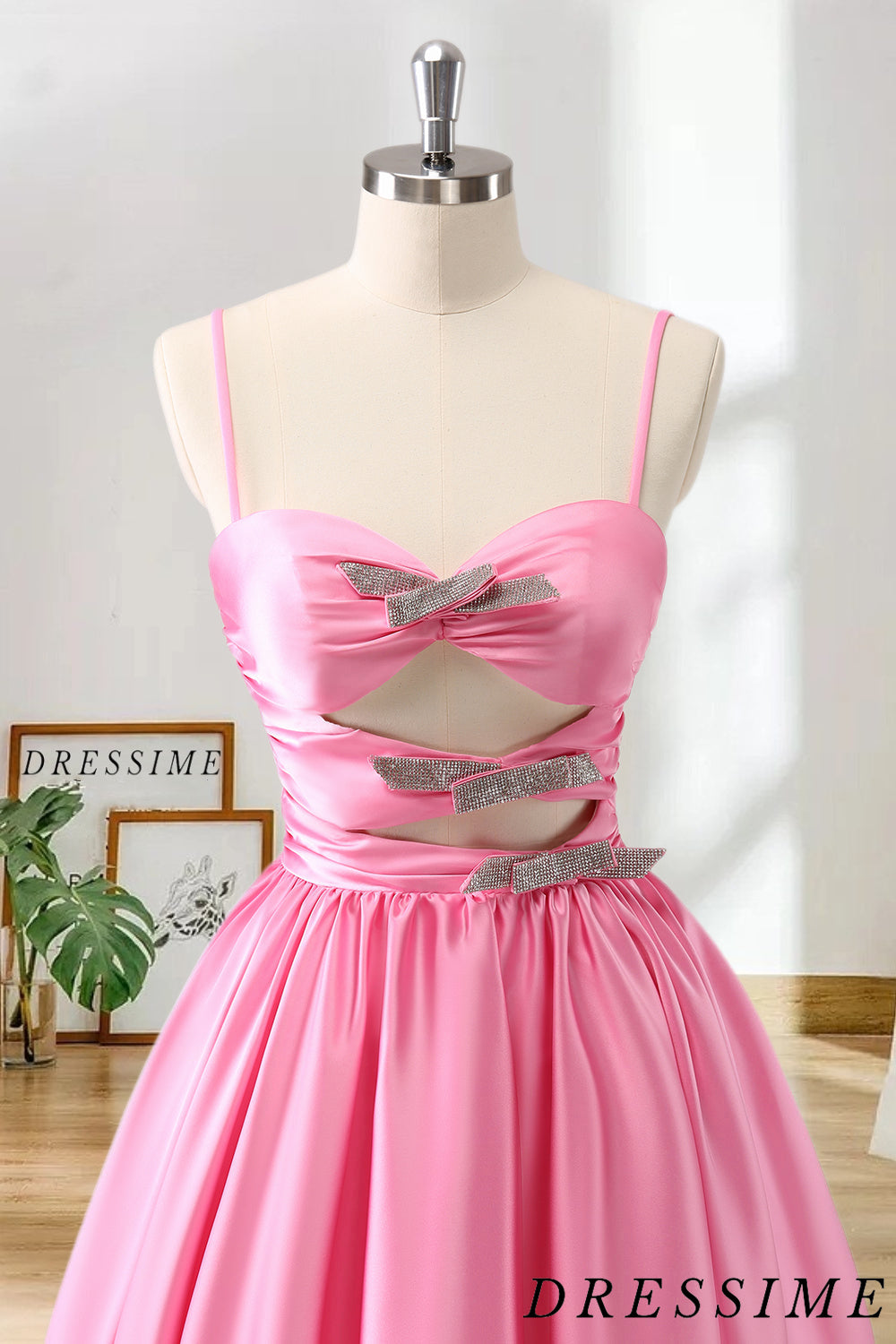 Dressime A-Line Spaghetti Straps Satin Pleated Homecoming Dress with Keyhole dressime