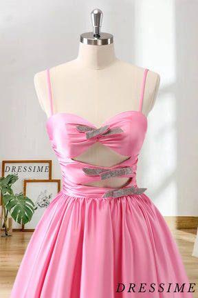 Dressime A-Line Spaghetti Straps Satin Pleated Homecoming Dress with Keyhole dressime