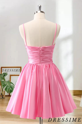 Dressime A-Line Spaghetti Straps Satin Pleated Homecoming Dress with Keyhole dressime