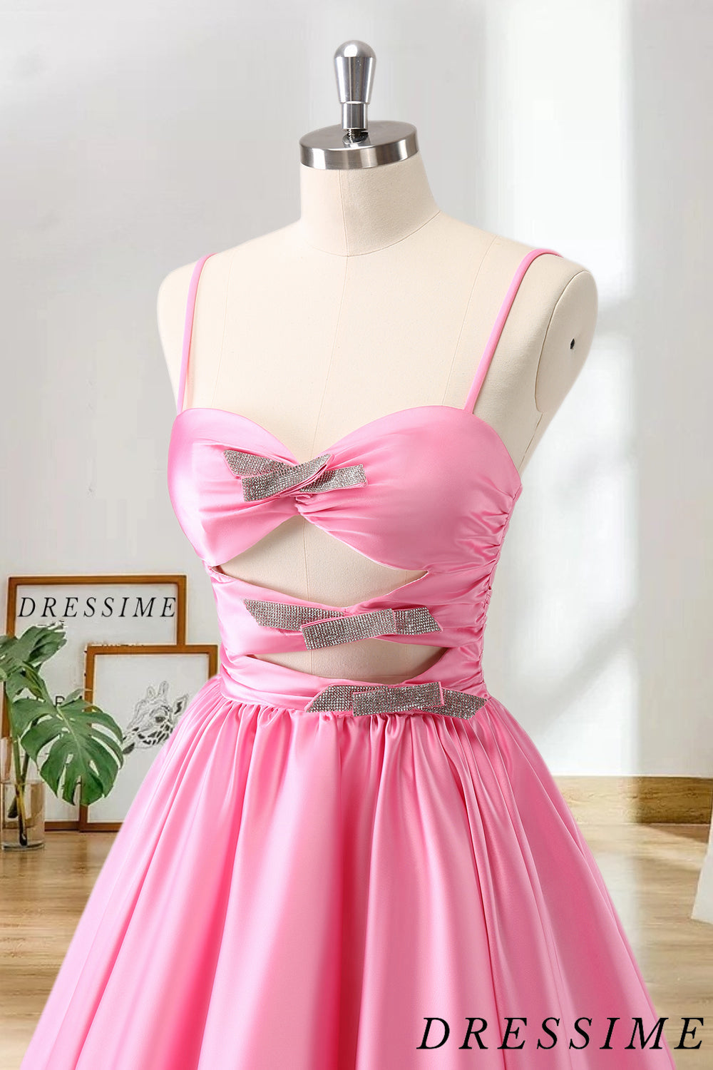 Dressime A-Line Spaghetti Straps Satin Pleated Homecoming Dress with Keyhole dressime