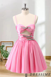 Dressime A-Line Spaghetti Straps Satin Pleated Homecoming Dress with Keyhole dressime