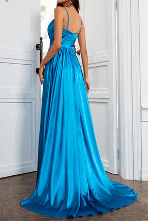 Dressime A Line Spaghetti Straps Satin Prom Dress With Slit dressime