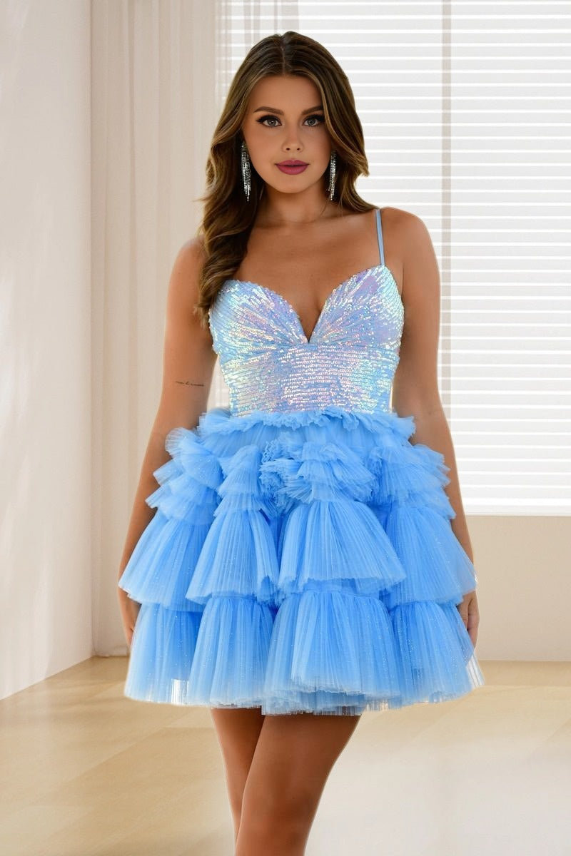 Dressime A Line Spaghetti Straps Sequin Tulle Ruffle Tiered Short/Mini Homecoming Dress dressime