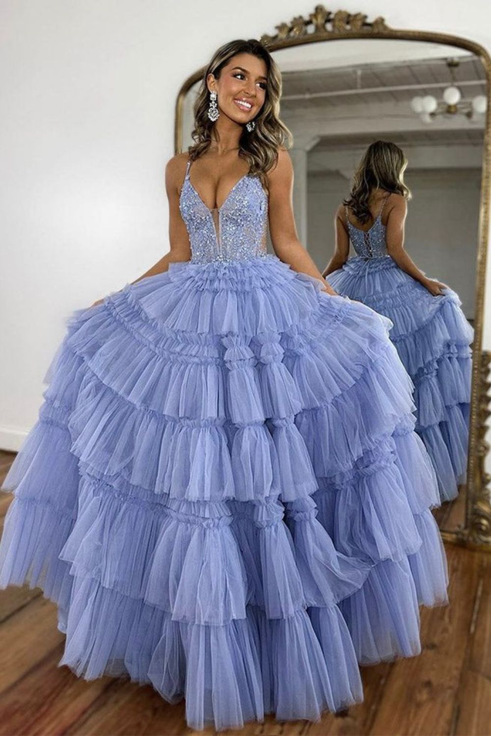 Dressime A Line Spaghetti Straps Tulle Appliqued Tiered Prom Dresses dressime