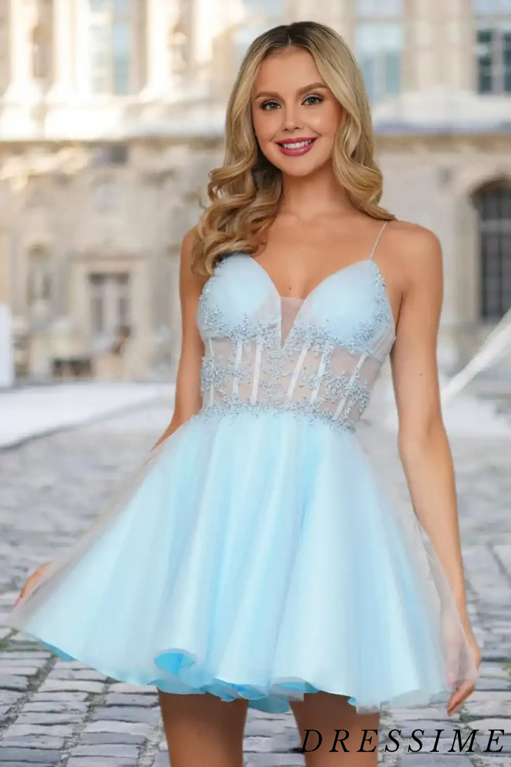 Dressime A Line Spaghetti Straps Tulle Corset Short/Mini Homecoming Dress With Beaded dressime