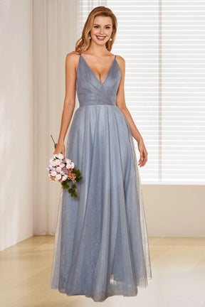 Dressime A Line Spaghetti Straps Tulle Long Bridesmaid Dress dressime