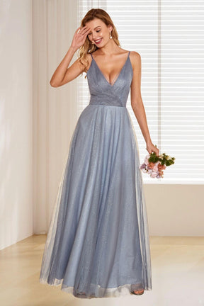 Dressime A Line Spaghetti Straps Tulle Long Bridesmaid Dress dressime