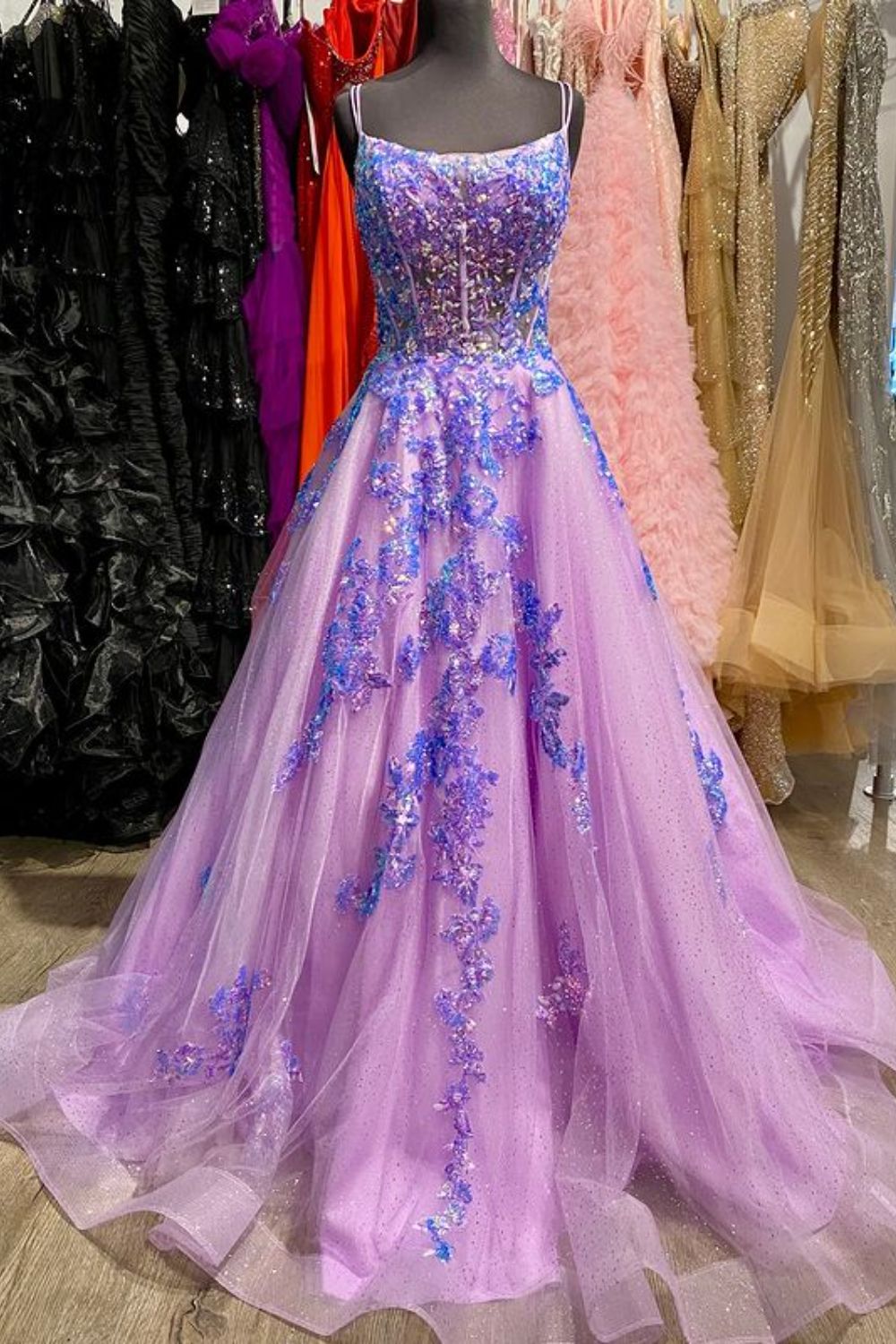 Dressime A Line Spaghetti Straps Tulle Long Prom Dress With Sequin Appluqes dressime