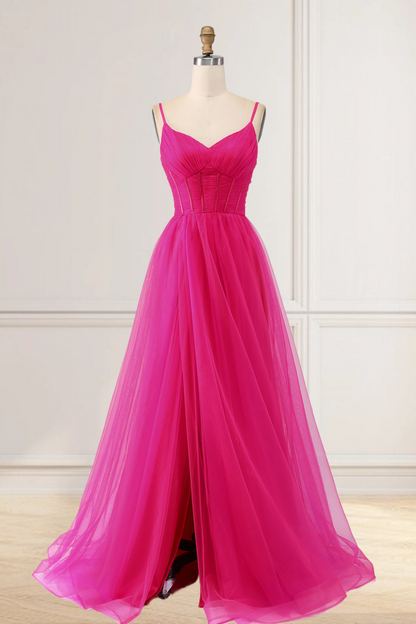 Dressime A Line Spaghetti Straps Tulle Long Prom Dress With Slit dressime