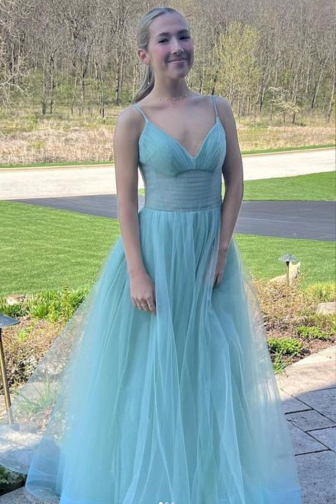 dressimeA Line Spaghetti Straps Tulle Long Prom Dress With Slit 