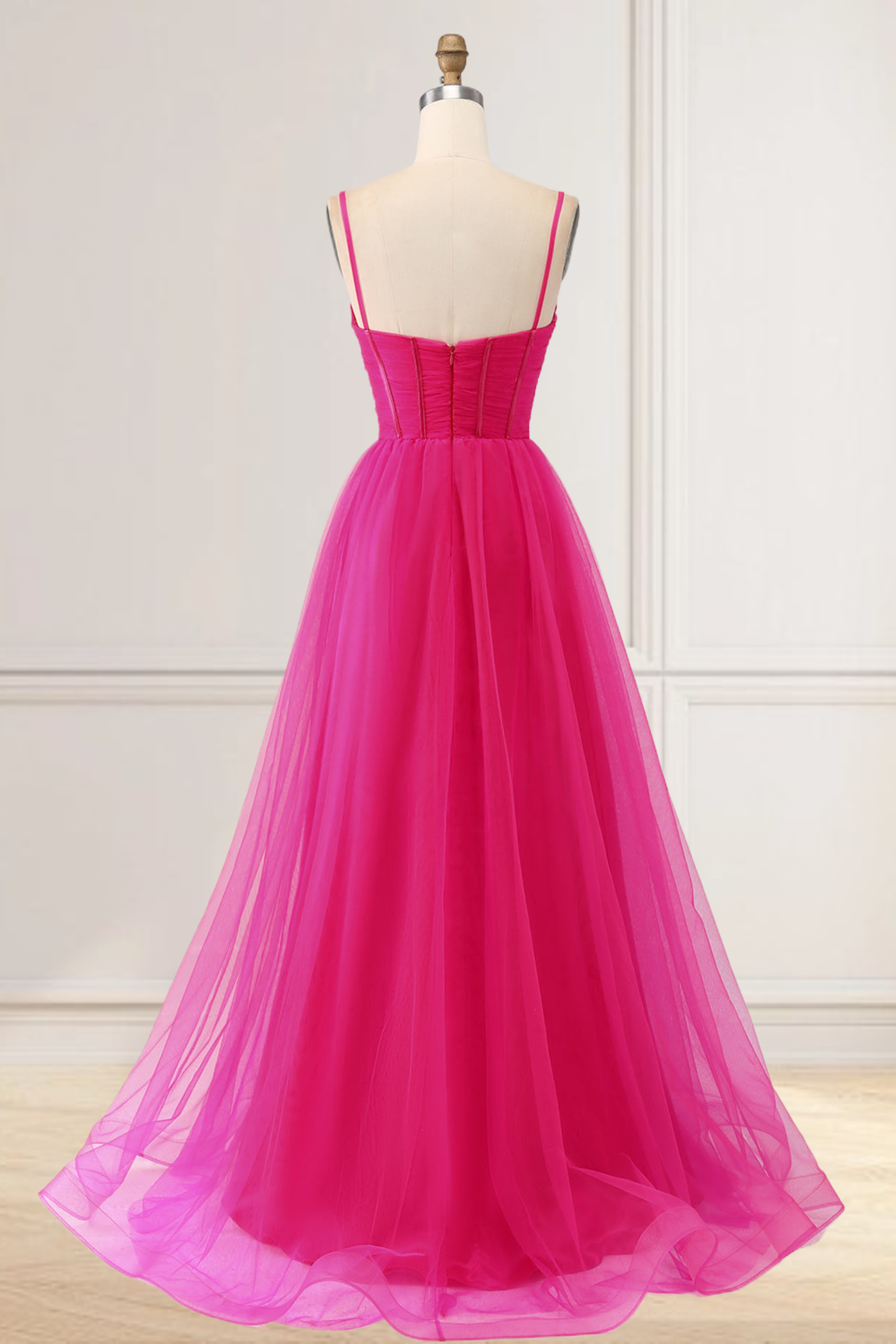 Dressime A Line Spaghetti Straps Tulle Long Prom Dress With Slit dressime