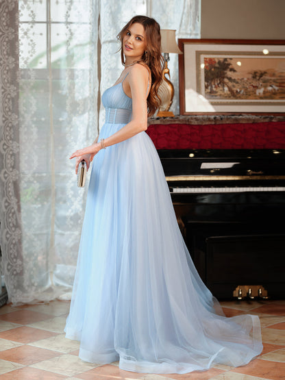 Dressime A Line Spaghetti Straps Tulle Long Prom Dress With Slit dressime