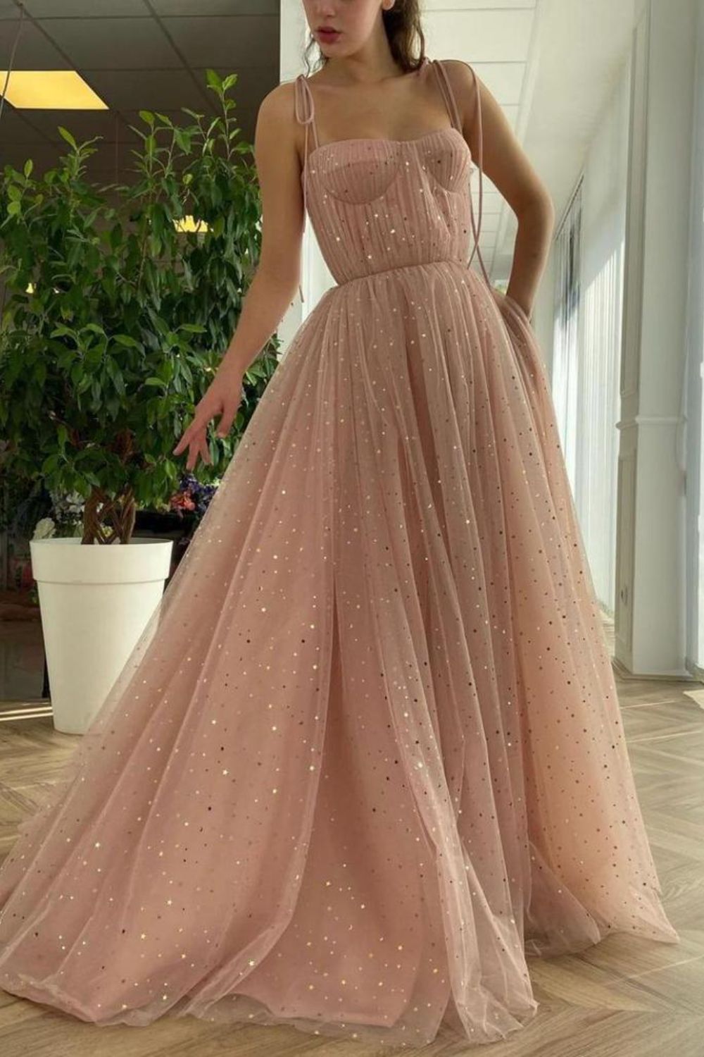 Dressime A Line Spaghetti Straps Tulle Long Prom Dresses, Pink Sequin Formal Evening Dreses dressime