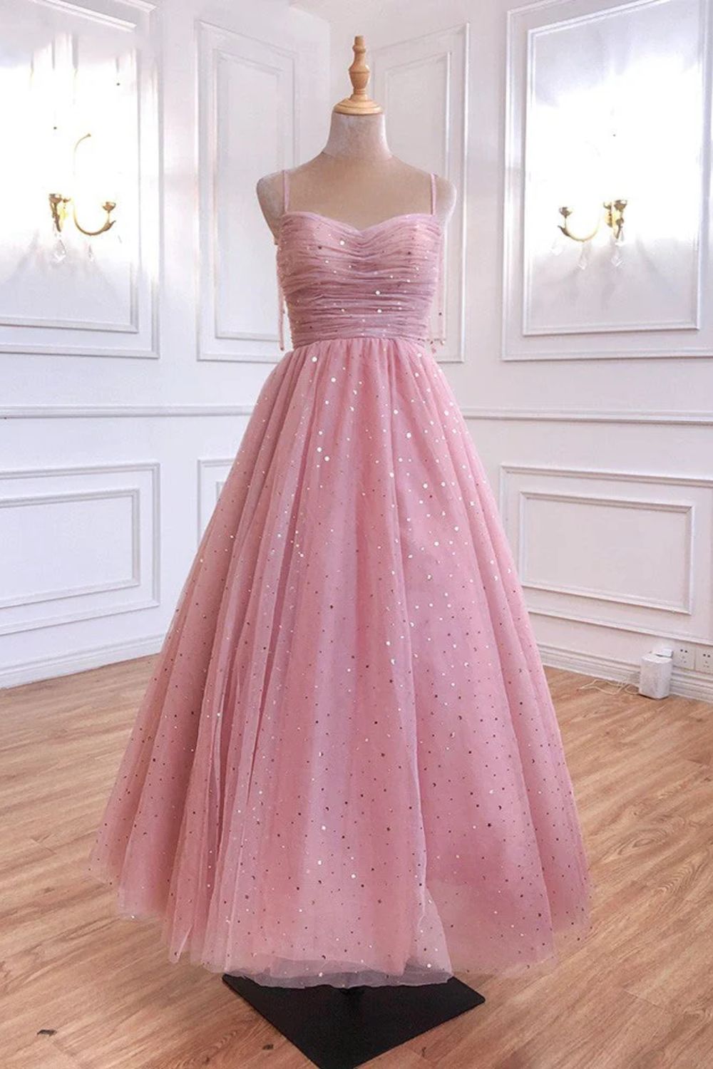 Dressime A Line Spaghetti Straps Tulle Long Prom Dresses, Pink Sequin Formal Evening Dreses dressime