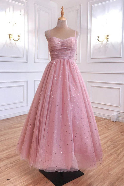 Dressime A Line Spaghetti Straps Tulle Long Prom Dresses, Pink Sequin Formal Evening Dreses dressime