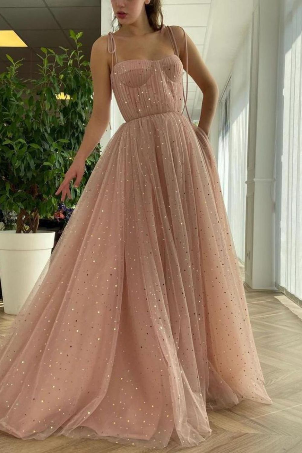 Dressime A Line Spaghetti Straps Tulle Long Prom Dresses, Pink Sequin Formal Evening Dreses dressime