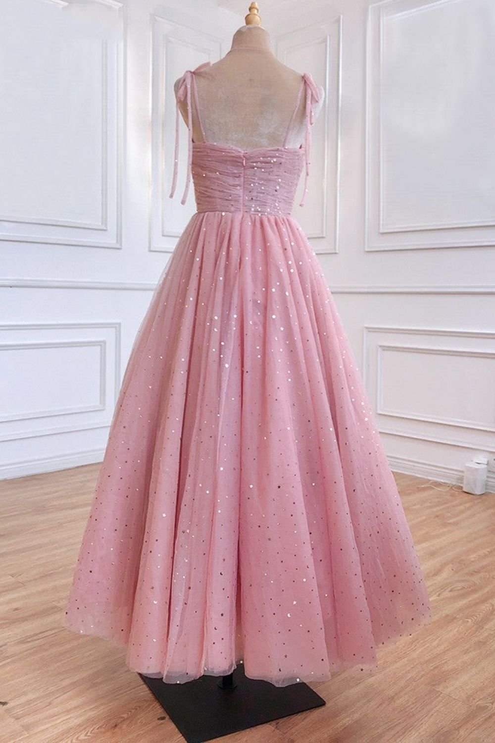 Dressime A Line Spaghetti Straps Tulle Long Prom Dresses, Pink Sequin Formal Evening Dreses dressime