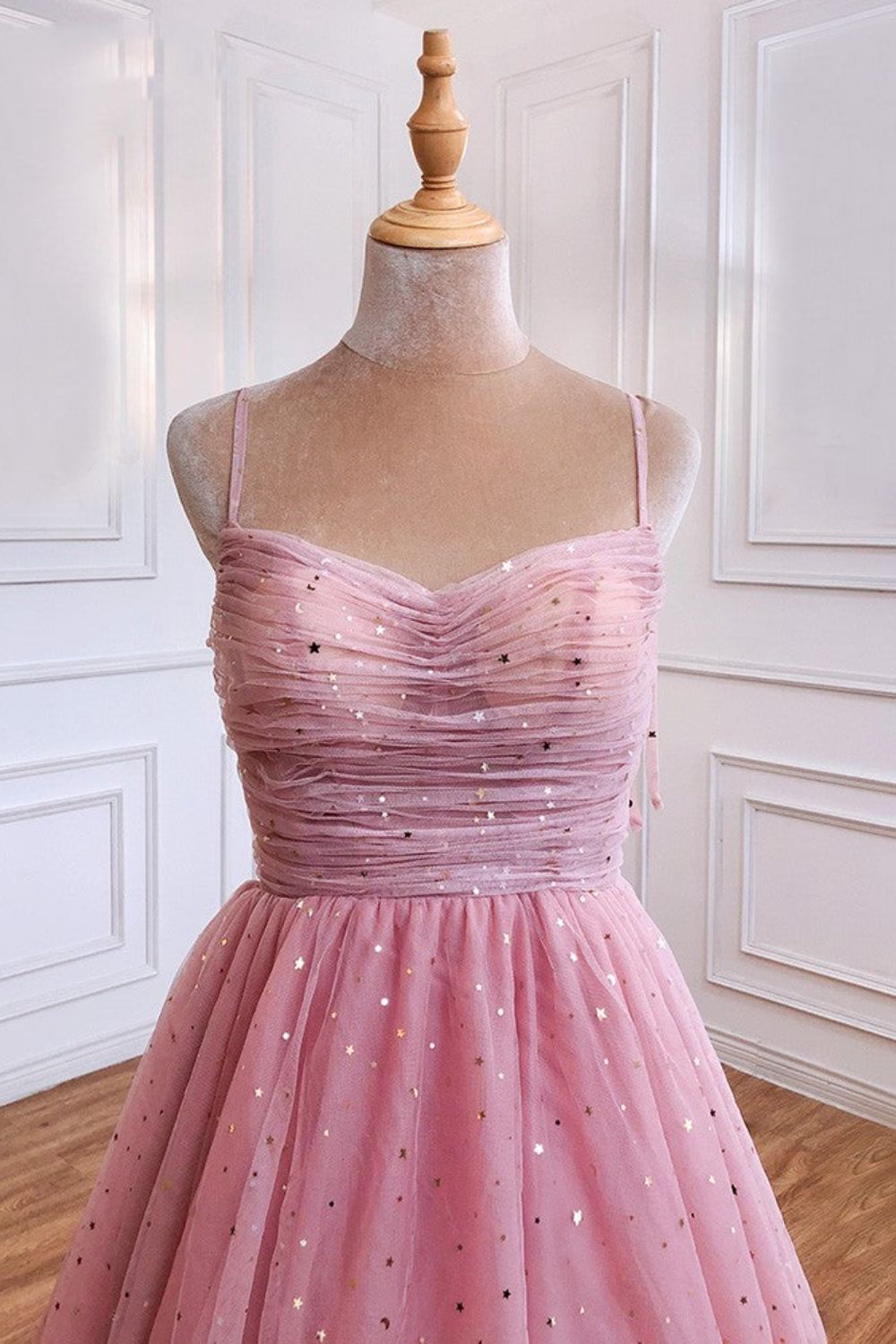 Dressime A Line Spaghetti Straps Tulle Long Prom Dresses, Pink Sequin Formal Evening Dreses dressime