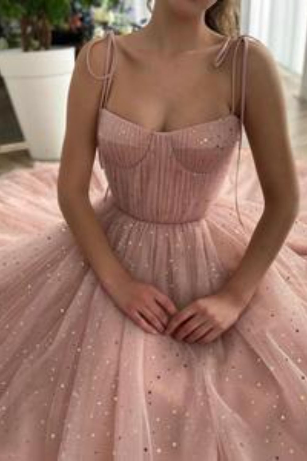 Dressime A Line Spaghetti Straps Tulle Long Prom Dresses, Pink Sequin Formal Evening Dreses dressime